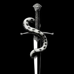 Snake wrapped around dagger, black and white tattoo style