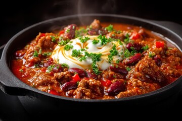 Fototapeta premium Chili con Carne mit Kidneybohnen und Sauerrahm würziges Hackfleisch-Bohnen-Eintopfgericht mexikanische Tex-Mex Küche dampfend heiß serviert mit frischer Petersilie Nahaufnahme Food Fotografie