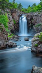 Fototapeta premium A surreal scene of a transparent waterfall flowing upwards in a dreamlike landscape