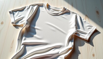 White t-shirt laying on wooden surface in soft light  
