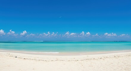 Obraz premium White sand beach with turquoise clear calm sea water. Tropical ocean view perfect for vacation or holiday.