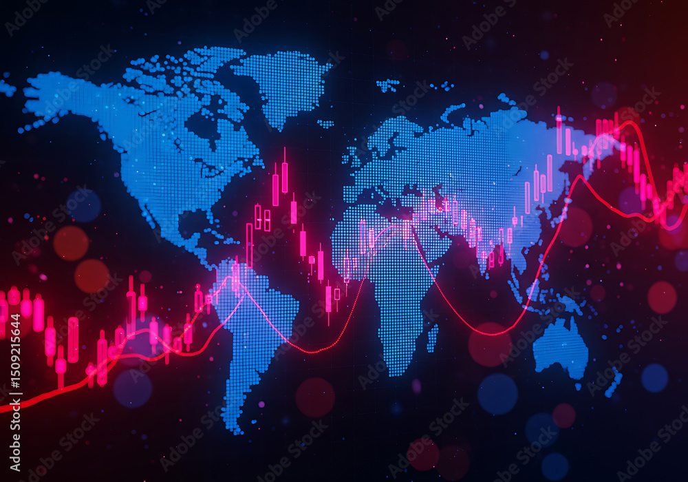 Poster global financial downturn data visualization on world map with candlestick stock chart background
