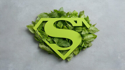 Green Superhero Leaf Shield on Gray Background