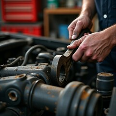 Mechanic using wrench to repair engine in auto shop garage  