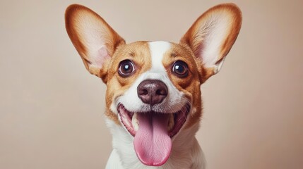 Happy dog portrait, studio shot, big ears, tongue out, smiling face, cute pet.