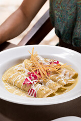 Close-up view of traditional enchiladas in a white plate