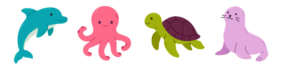 Set of four adorable sea animals including dolphin, octopus, turtle, and seal, designed for kids’ projects and marine themes