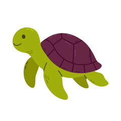Green sea turtle with purple shell and happy face, perfect for children's ocean scenes and nature-related designs