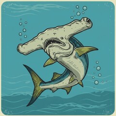 Naklejka premium Retro illustration of a hammerhead shark swimming in the ocean with bubbles and waves