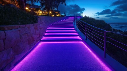 Coastal stairway lit purple at dusk