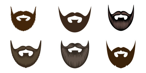 Black and white images of moustaches, Set of isolated vector facial hair styles on white background. Beards and mustaches types big collection. Silhouette vintage beard and mustache. Hipster style.