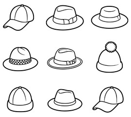Collection of black and white hat illustrations
