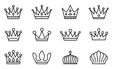 Collection of black and white crown line art designs