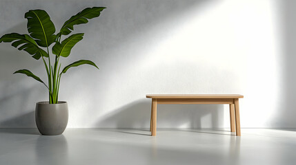 Modern Minimalist Room Interior with Wooden Table and Plant
