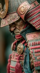 Obraz premium Detailed samurai figure with intricate armor, capturing historical craftsmanship in a close-up view, showcasing artistry and craftsmanship