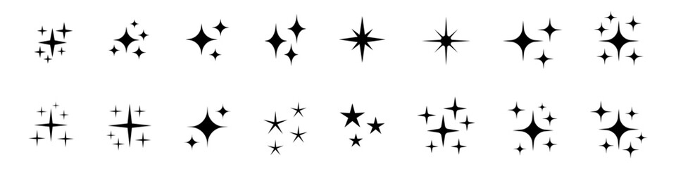 Shine icons set. Star icons. Twinkling stars. Symbols of sparkle, glint, gleam, etc. Christmas vector symbols.