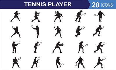 Tennis player silhouette icons. Set of tennis players collection.
