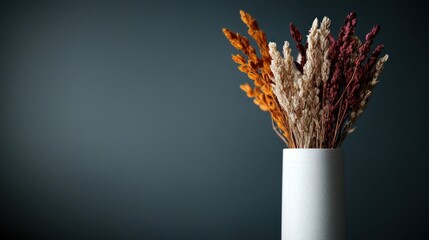 Dried flowers in white vase, dark background, home decor