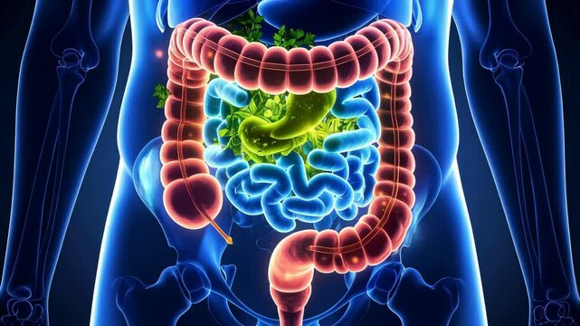 Human digestive system in anatomy illustration with intestines, stomach, and colon, healthy lifestyle and gastroenterology, 3d rendering