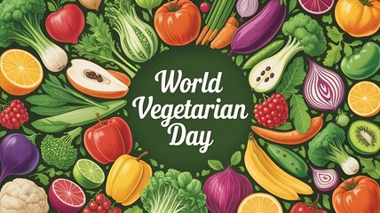 Colorful vegetables and fruits beautifully frame the elegant 'World Vegetarian Day' typography centerpiece