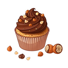 Vector illustration of cupcake with chocolate cream and hazelnut topping, isolated on white background