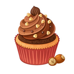 Vector illustration of cupcake with chocolate cream and hazelnut topping, isolated on white background