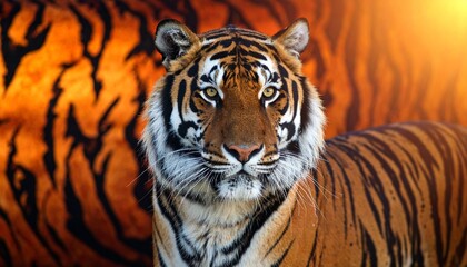 Fototapeta premium A striking tiger with vivid striped fur poses against a matching tiger print background, captured in bright studio lighting that highlights its fierce gaze, majestic power, and wild elegance