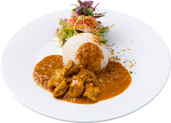 Chicken curry with vegetables and rice isolated on transparent background