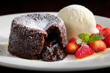 Warmer Schokoladen Lava Kuchen mit flüssigem Kern und Vanilleeis Dessert Gourmet Süßspeise Nachtisch Fondant au Chocolat Schokolade Kuchen Schokokuchen mit Beeren Frisch Gebacken Festlich Serviert Foo