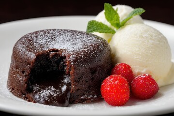 Warmer Schokoladen Lava Kuchen mit flüssigem Kern und Vanilleeis Dessert Gourmet Süßspeise Nachtisch Fondant au Chocolat Schokolade Kuchen Schokokuchen mit Beeren Frisch Gebacken Festlich Serviert Foo