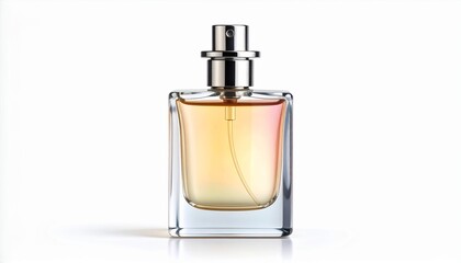 Elegant Perfume Bottle with Swirling Multicolor Liquid on White Background &ndash; Luxurious Fragrance Display Featuring Cloudy Pastel Tones, Soft Light, and Minimalistic Artistic Product Photography Style