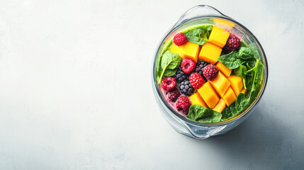 Fresh mango berry smoothie in blender with spinach. concept of healthy eating, nutrient-rich diet, vibrant ingredients, clean eating lifestyle, Copy space