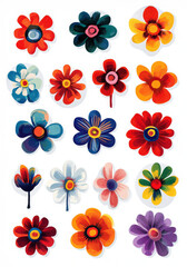 A vibrant collection of whimsical flower stickers showcases cute and funny designs in simple shapes perfect for kids&rsquo; crafts and imaginative play. Bright colors engage and inspire creativity