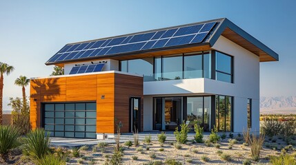 A sleek, modern Las Vegas home with high-efficiency solar panels installed on its roof, gleaming under the bright midday sun. The deep blue photovoltaic panels contrast beautifully against the light-c