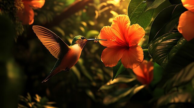 A close-up of a hummingbird feeding from a bright red flower