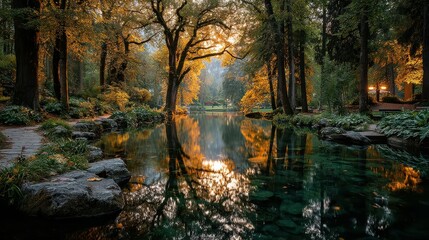 Serene autumn landscape with golden leaves reflecting on calm lake near wooded park at sunset