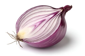 Half red onion sliced showing layers isolated on white background