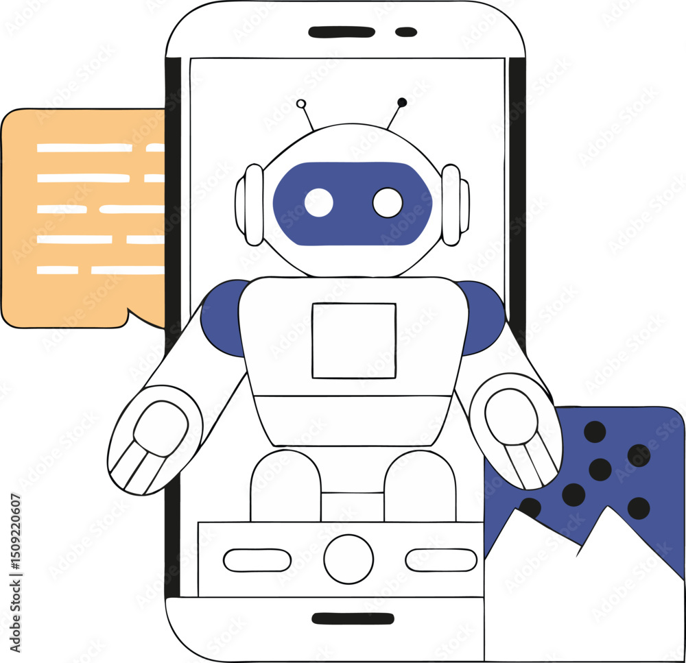 Poster illustration of a friendly robot holding speech bubble and gaming controller with transparency