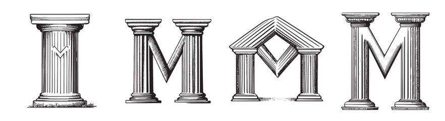 Ancient Greek Columns Representing Different Architectural Styles, Set Logo design, Vector Illustration, Engraving style