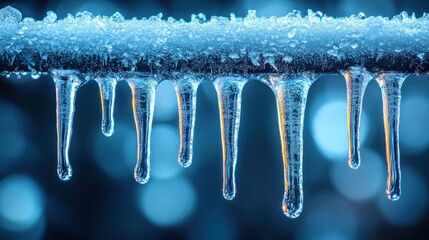 Icicles forming on pipe, winter background, cold weather, nature image
