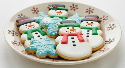 Obraz premium A plate of decorated christmas cookies shaped as snowmen and snowflakes on it