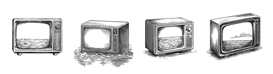 Artistic Representation of Vintage Television Sets on Water Background, set vector illustration