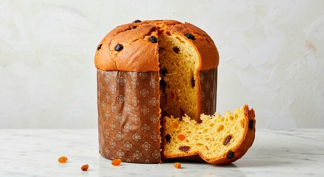 A cut panettone cake with raisins on a marble surface against white wall