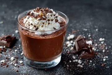 Schokoladenmousse Dessert Glas mit Schlagsahne und Schokoraspeln Süßspeise Nachtisch Gourmet Süßigkeit Cremig Lecker Frisch Zubereitet Schokolade Mousse Pudding Festlich Dekoriert Dessertfotografie