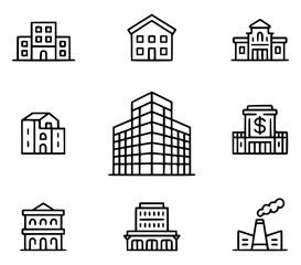 Fototapeta premium Set of black line icons representing different buildings