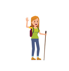Happy female hiker waving backpack trekking stick