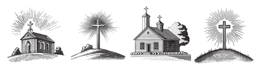 Vintage Black and White Illustrations of Churches and Crosses, set vector illustration