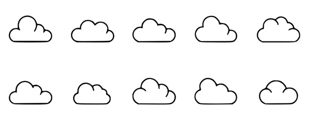 Set of ten minimalist cloud icons on white background