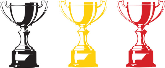 Naklejka premium Three trophy illustrations in black gold and red colors isolated on a white background artwork design