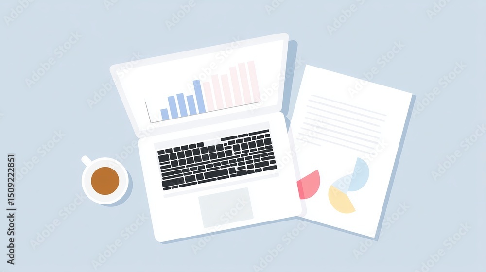 Poster laptop with open screen displaying graphs and charts, alongside documents and a coffee cup, creating